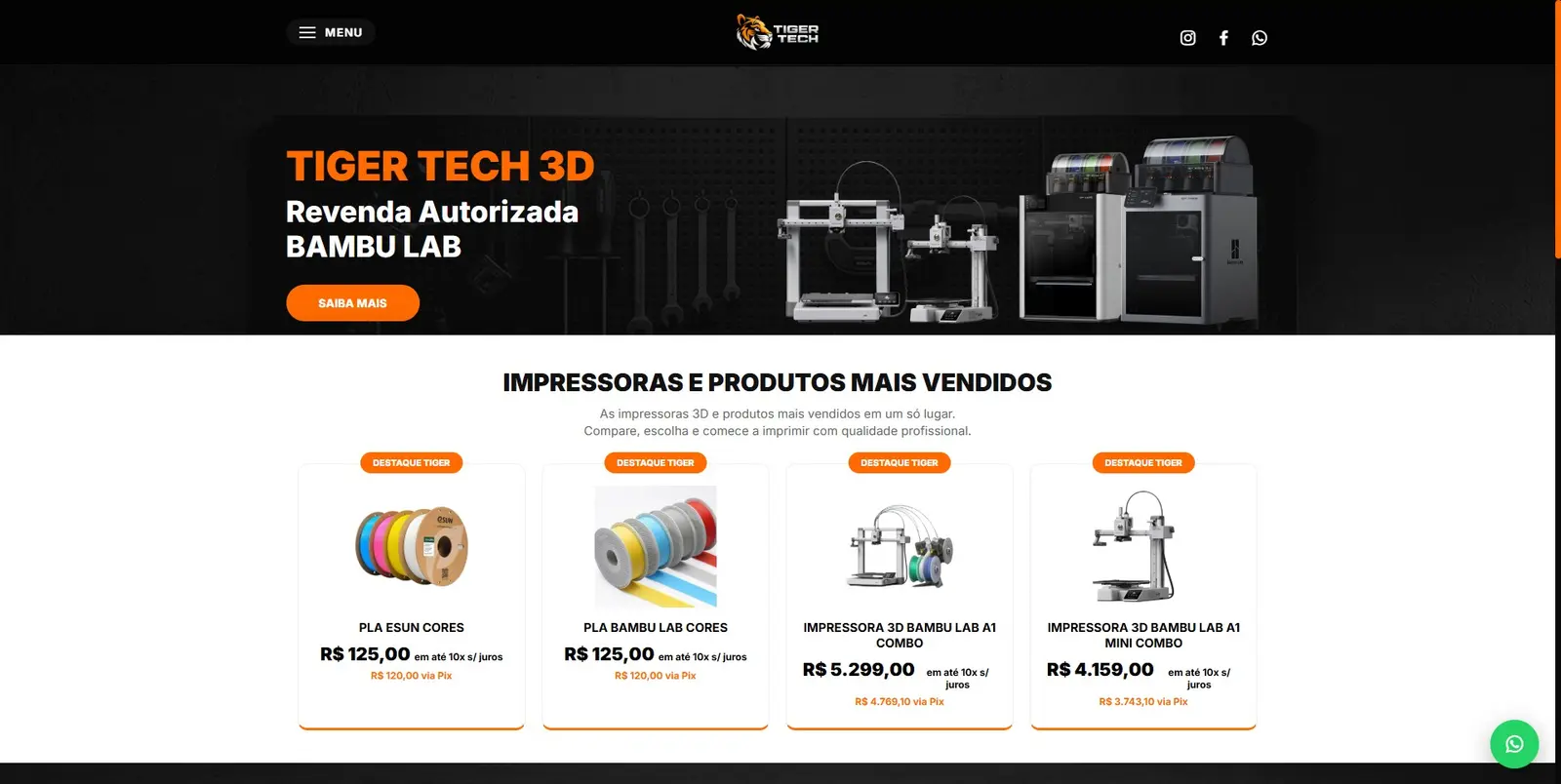 Pagina inicial do e-commerce Tiger Tech 3D