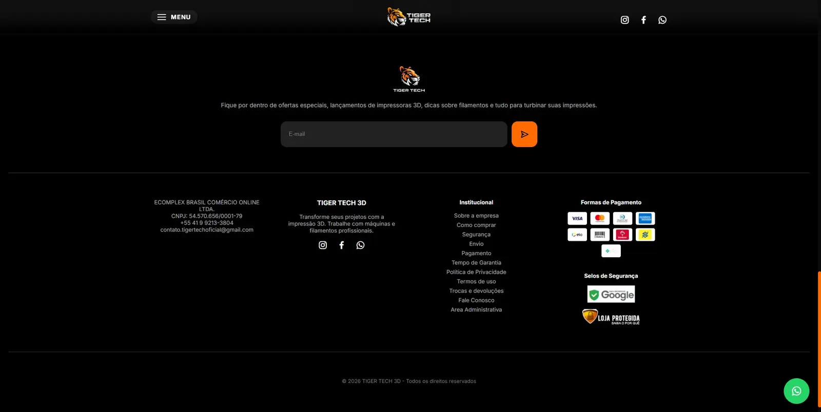 Newsletter e rodape da Tiger Tech 3D