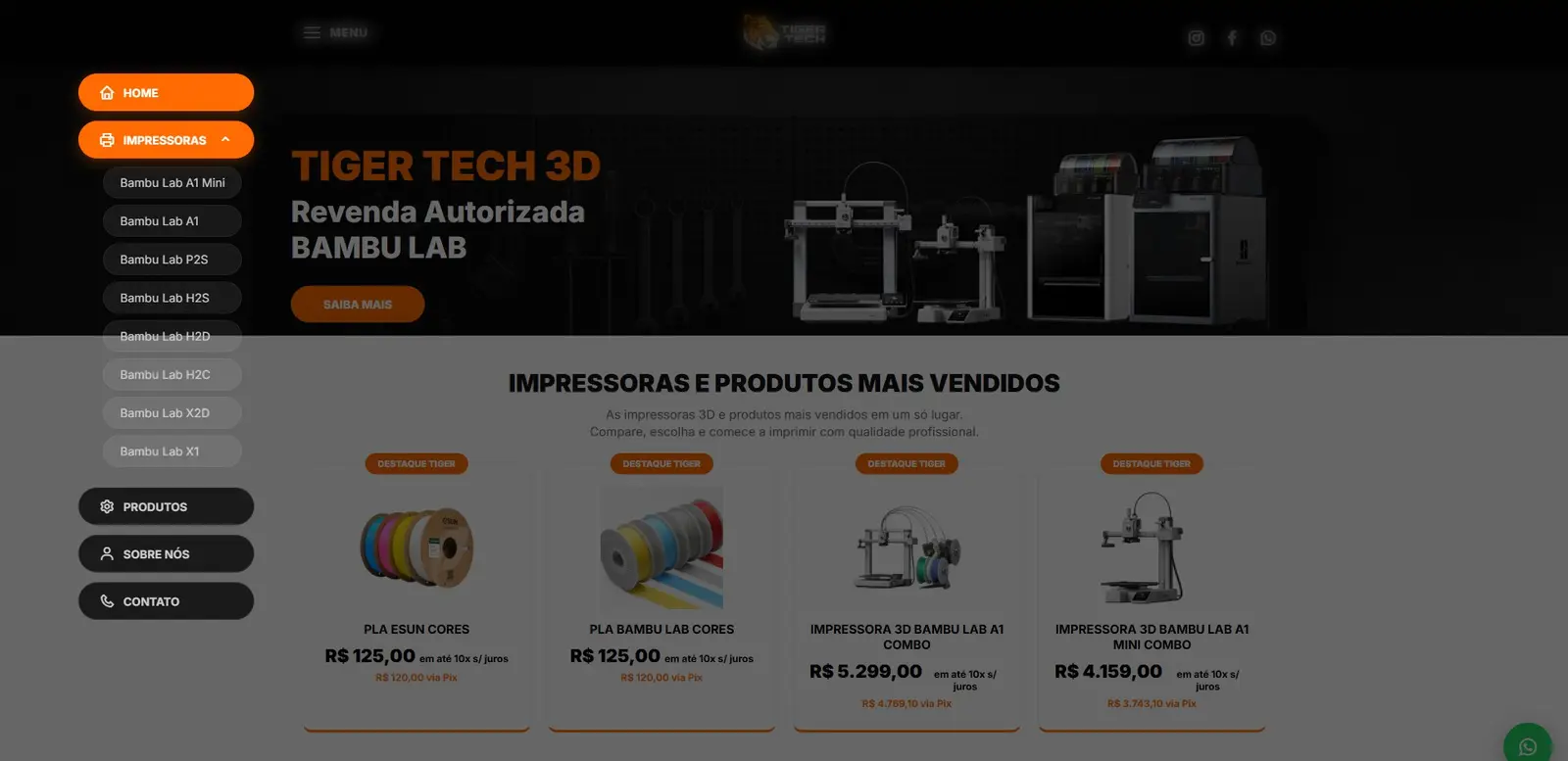 Menu com categorias da Tiger Tech 3D