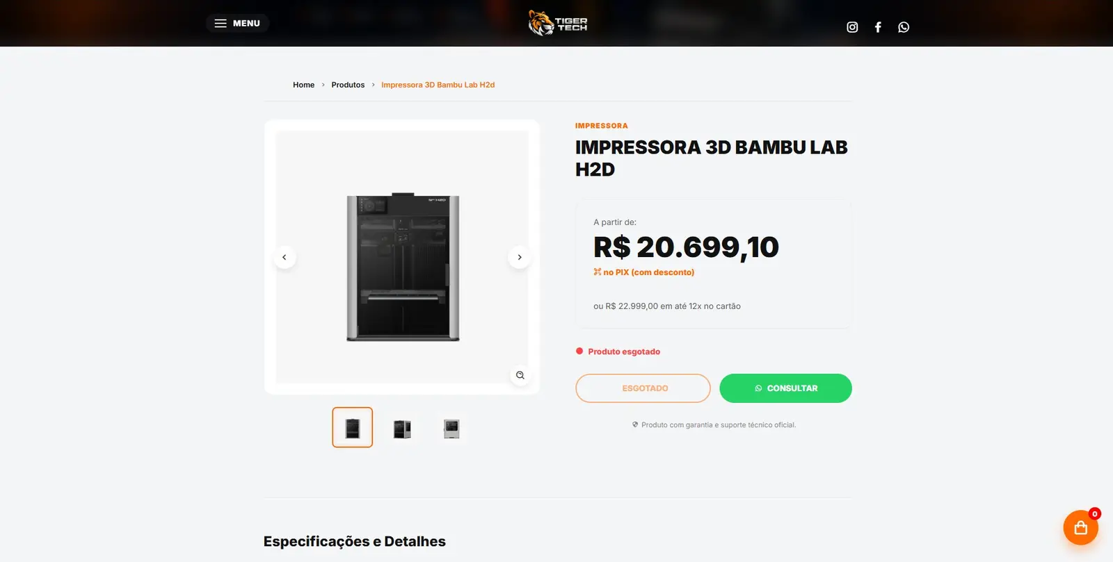 Pagina de produto da Tiger Tech 3D